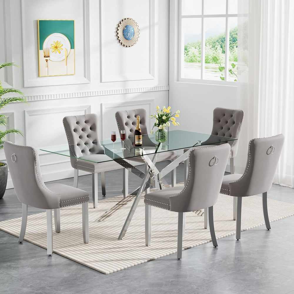 7 Piece Modern Glass Dining Table Set for 6, 60" Rectanguler Glass Kitch...