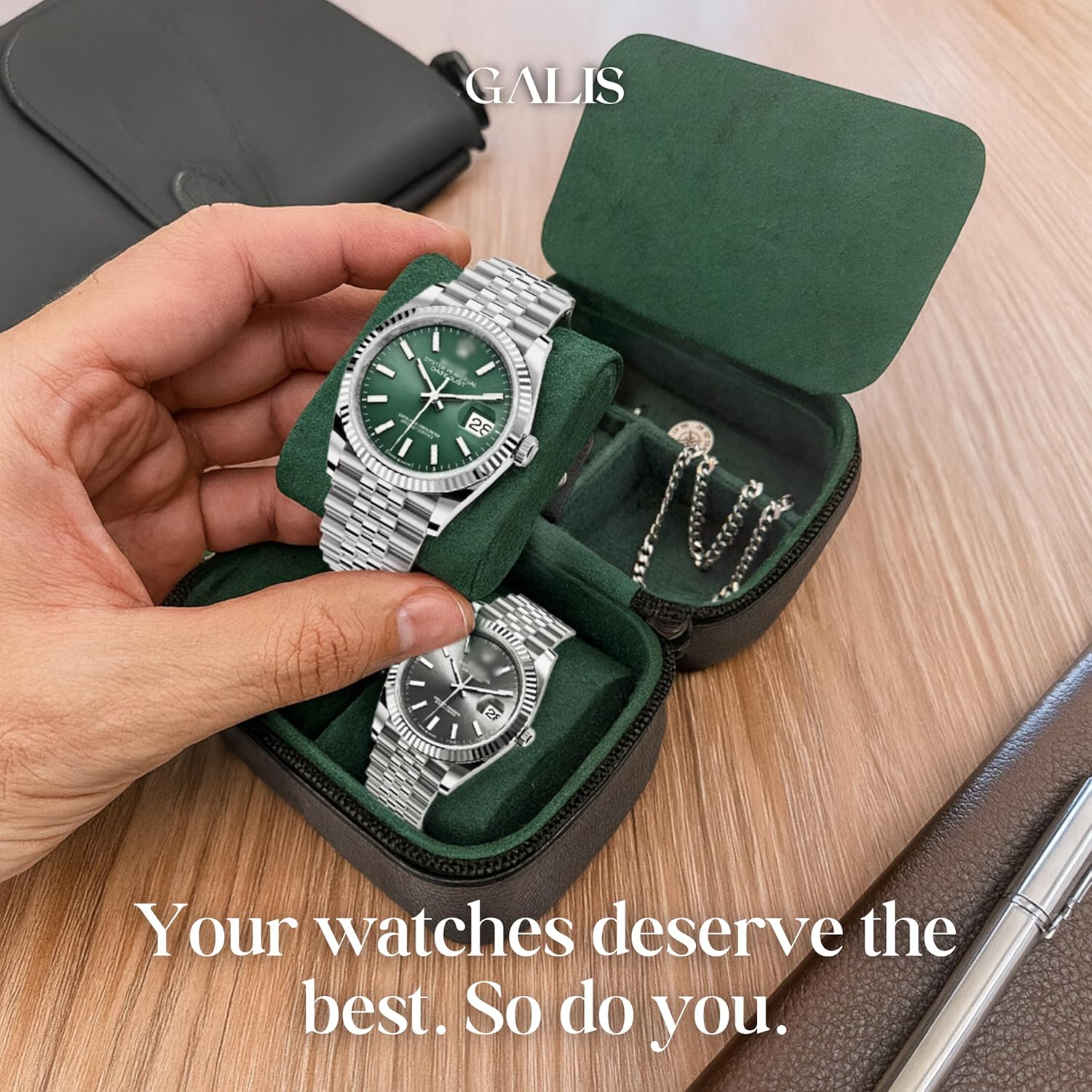 Galis Luxury Watch Travel Case for Men High End Portable 2-Slot Watch Holder and Watch Case, Premium Watch Box for Men, Jewelry Storage Organizer, Gift for Him, Fathers, Husband (Black & Green)