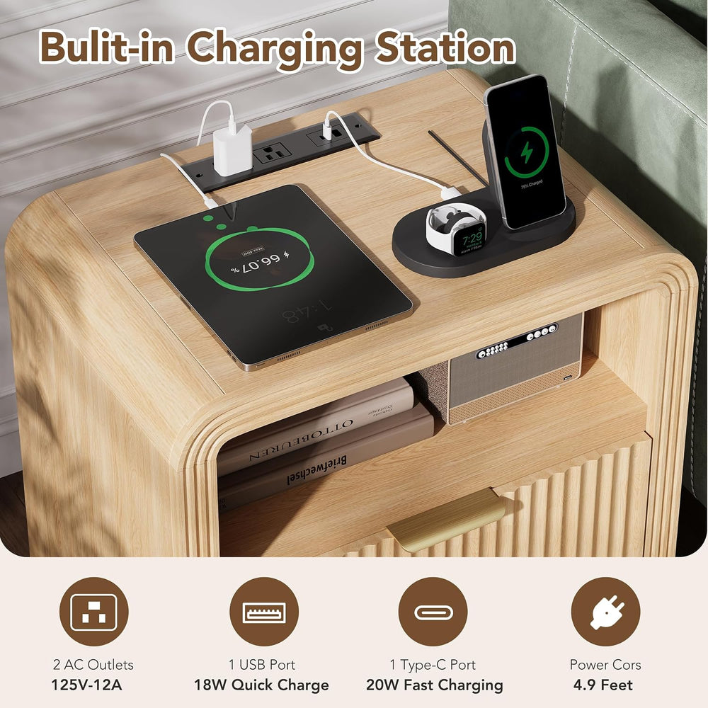 Decofy 23'' Wide Fluted Nightstand Set of 2 with Charging Station, Oak