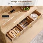 OKD 72" Tall Coffee Bar Cabinet, Fluted Wooden Wine Cabinet, Natural Oak | Power Outlets, Led Lights, 4 Stemware Racks, 9 Wine Racks, 3 Drawers, 4 Cabinets, 2 Open Shelf, Home Bar Storage