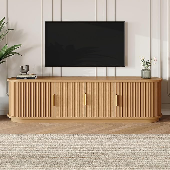 Farmhouse Wooden TV Stand with Sliding Tambour Door for TVs up to 75", Fluted Media Console with Adjustable Storage, Golden Handle TV Cabinet with Cable Holes for Living Room, Natural