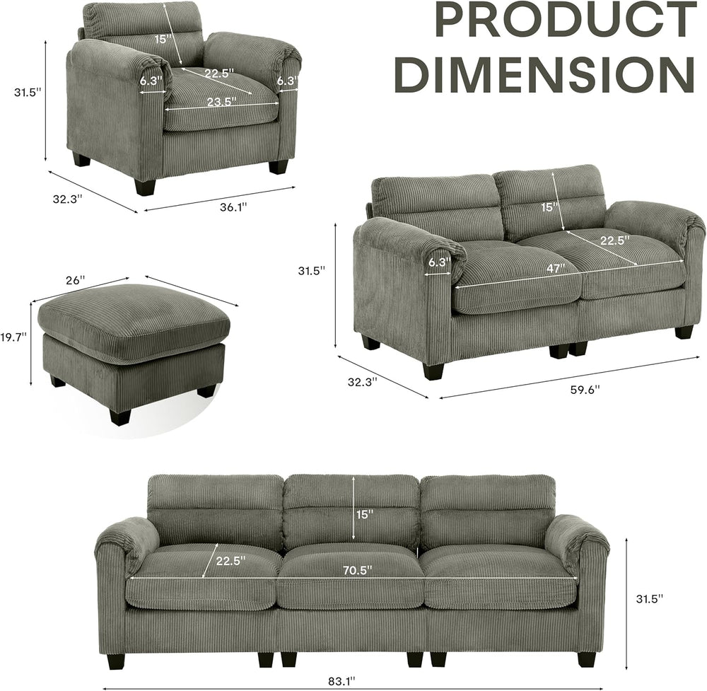 HAOMARKETS Corduroy Sofa Set, Upholstered Ottoman Footrest, Modern Living Roo...