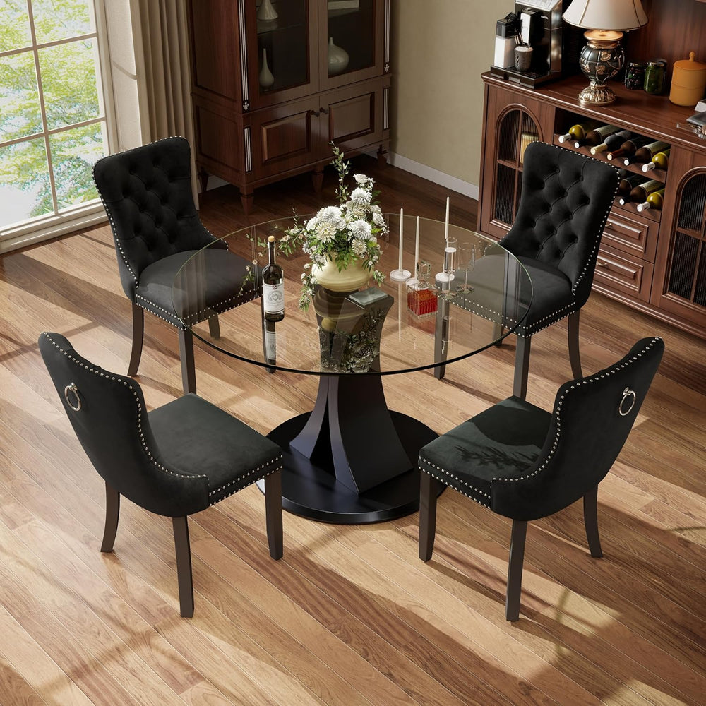 5-Piece Dining Table Set with 39In Tempered Glass Table and 4 Velvet Upholste...