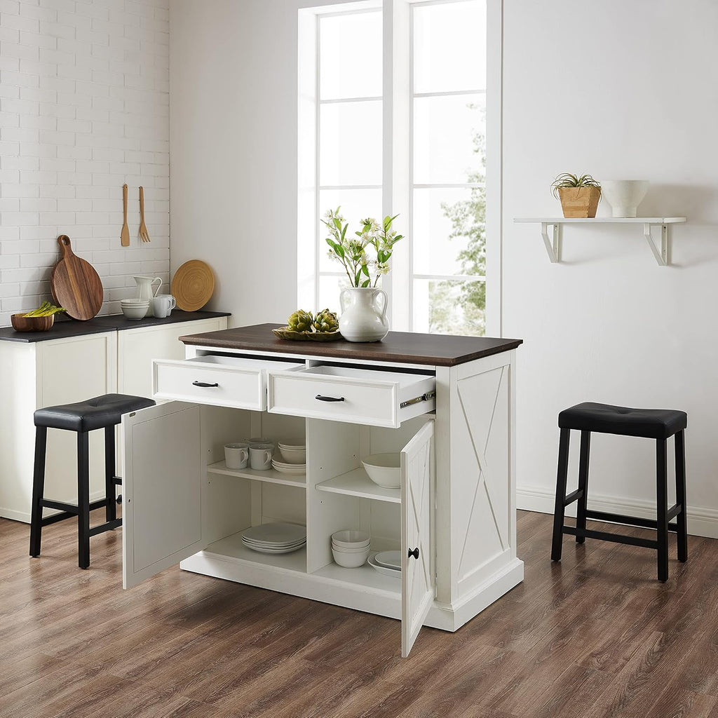 Crosley Furniture Clifton Kitchen Storage Island, Microwave Stand, Coffee Bar and Set of 2 Upholstered Saddle Stools, Distressed White/Black