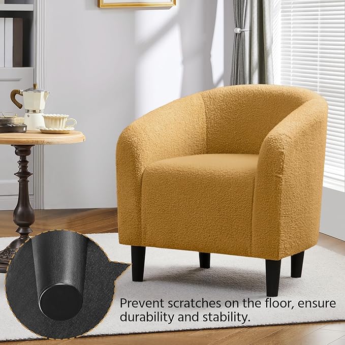 Yaheetech Accent Barrel Chair, Boucle Fabric Club Chair, Furry Sherpa Elegant and Cozy, Soft Padded Armchair for Living Room Bedroom Reception Room Office, Mustard Yellow