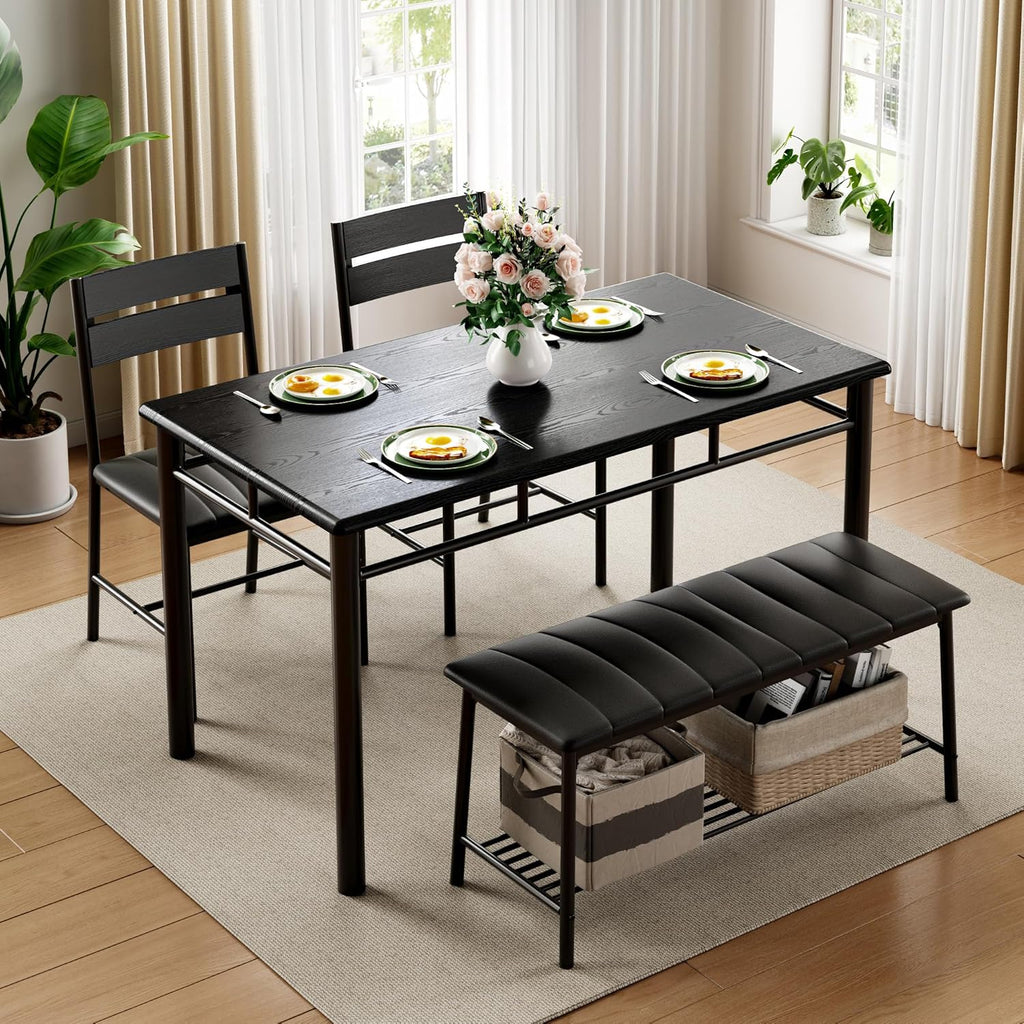 IRONCK Dining Table Set for 4, Kitchen Table and Chairs Set, Black | Kitchen Table with Upholstered Bench and 2 Chairs for Small Space, Apartment
