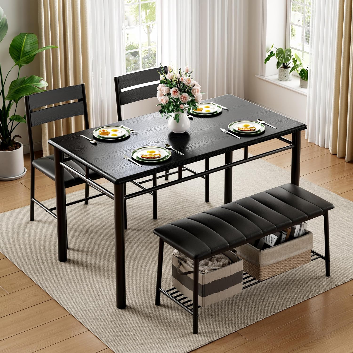 IRONCK Dining Table Set for 4, Kitchen Table and Chairs Set, Black | Kitchen Table with Upholstered Bench and 2 Chairs for Small Space, Apartment