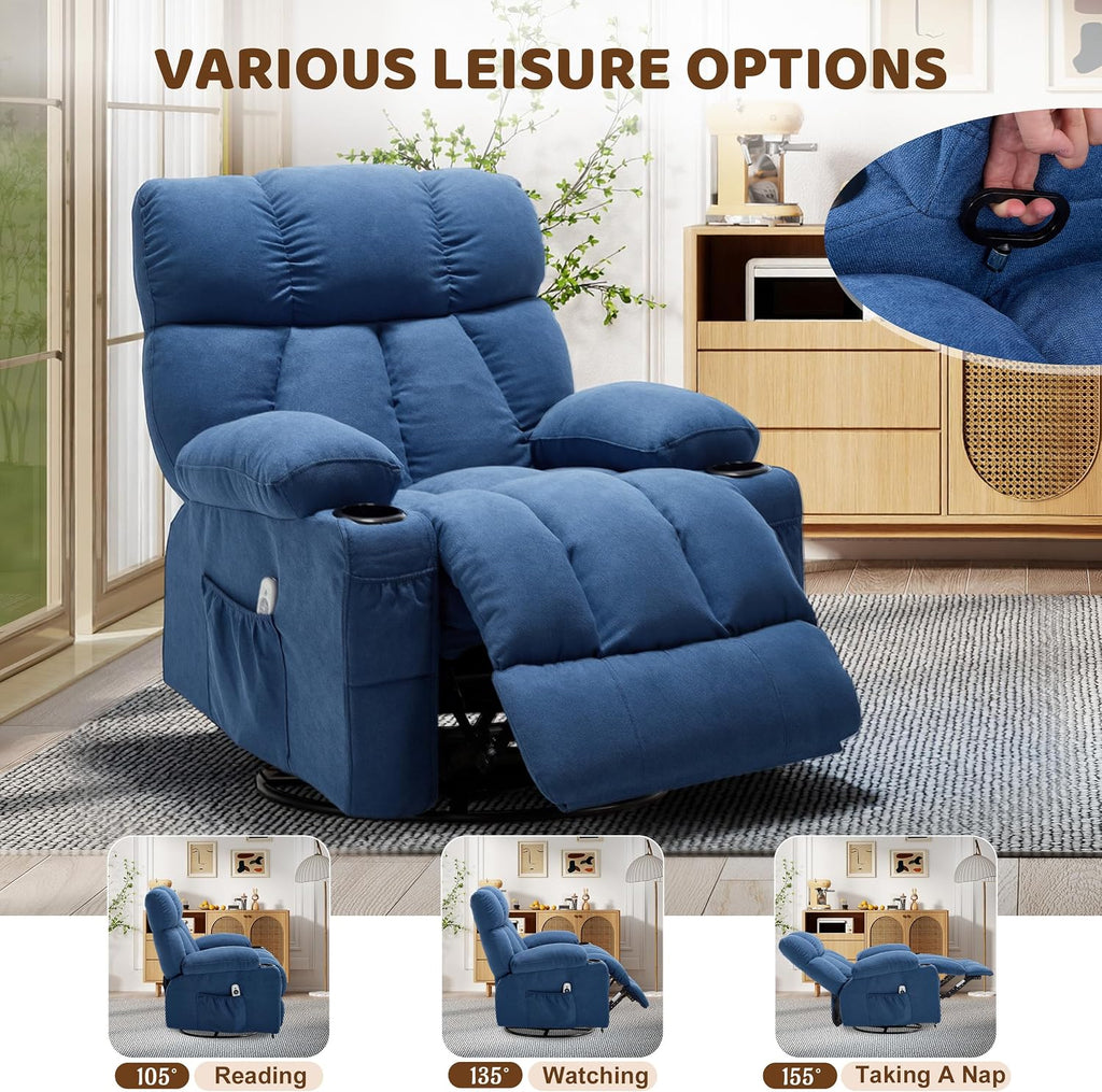 Oversized 360° Swivel Massage Rocker Recliner Chair, Massage & Heat, Blue | Vibration Massage, USB Charge Port, 4 Pockets 2 Cup Holders, Comfy Rocking Recliners for Living Room & Bedroom, Reading Chair