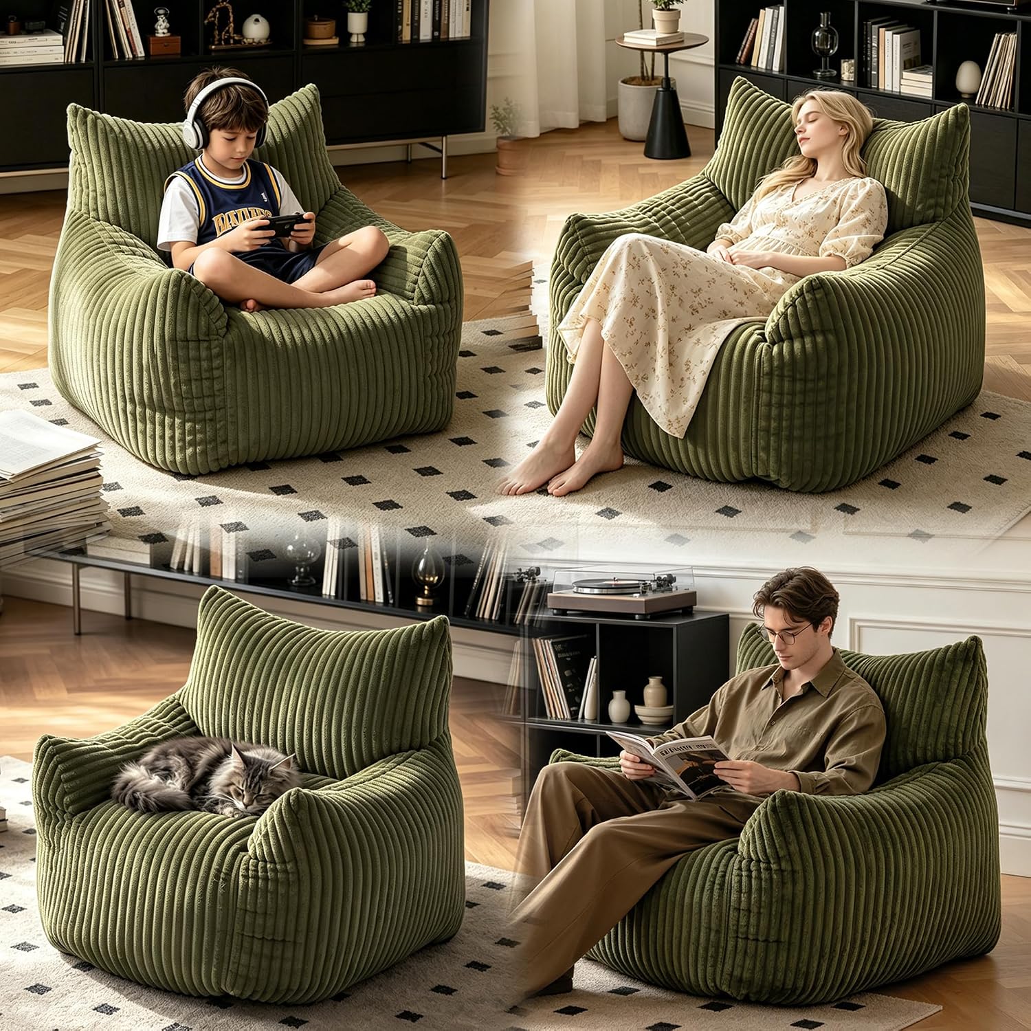 Green Corduroy Bean Bags Chairs for Adults, Big Ultra Soft Beanbag Sofa | 30 lbs Filler Foam| Armrests & Back Support| Vacuum-Compressed| For Reading, Gaming, Bedroom, Living Room, Dorm| For teens
