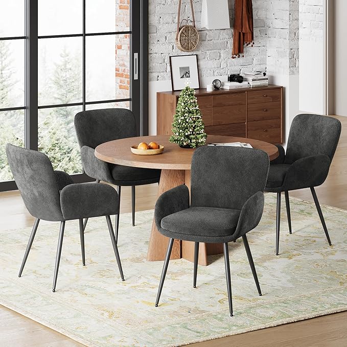 VKNOW Modern Dining Chairs Set of 2, Upholstered Dining Room Chair with Armrest, Kitchen Chairs with Curved Ergonomics Backrest for Living Room, Dining Room, Kitchen, Dark Grey