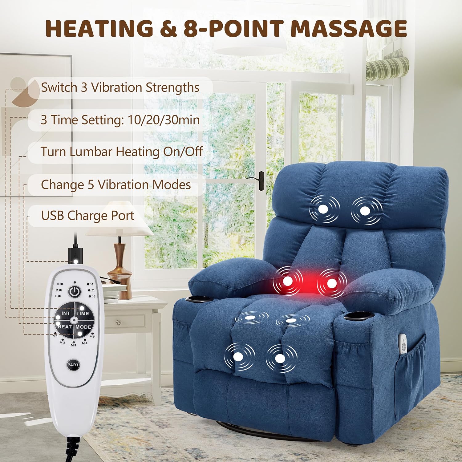 Oversized 360° Swivel Massage Rocker Recliner Chair, Massage & Heat, Blue | Vibration Massage, USB Charge Port, 4 Pockets 2 Cup Holders, Comfy Rocking Recliners for Living Room & Bedroom, Reading Chair