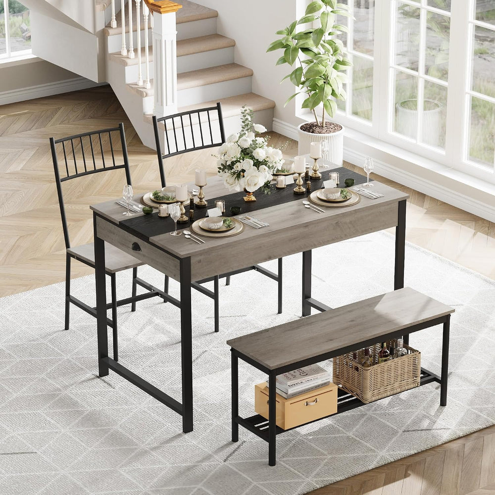 GarveeHome Dining Table Set for 4,Kitchen Table with Bench & 2 Chairs, Grey