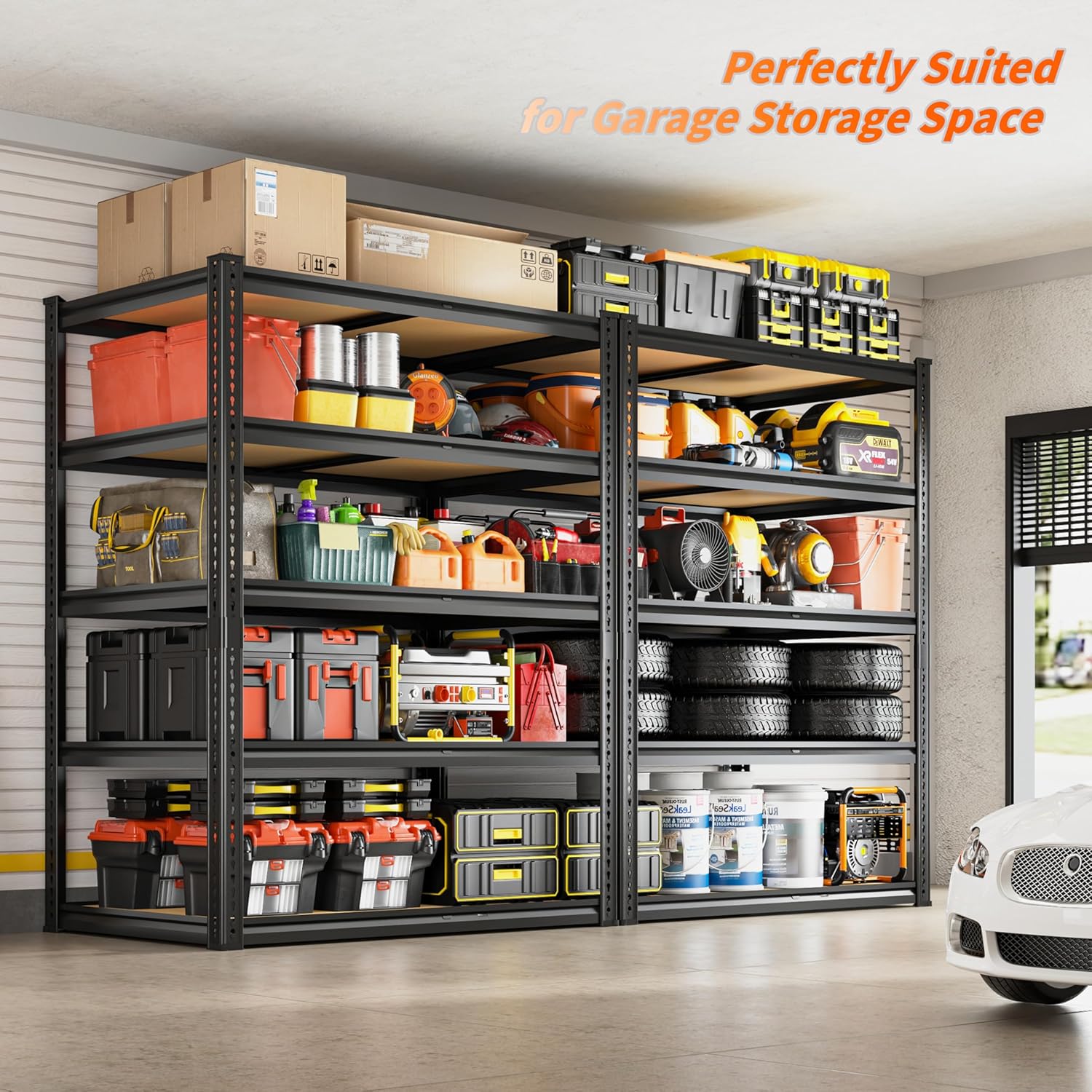 2050LBS Storage Shelves Heavy Duty 5 Tier Garage Storage Shelving, Adjustable Metal Shelving Unit Utility Rack Shelf for Warehouse, Pantry, Closet, 72" H x 35.56" W x 16" D, Black.2PCS