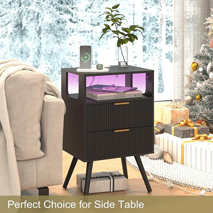 Black Nightstand with Charging Station and LED Lights,Modern Bedside Table wi...