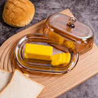 7.5" Glass Butter Dish with Lid for Countertop, Elegant Champagne-Colored Crystal Butter Stick Holder Container