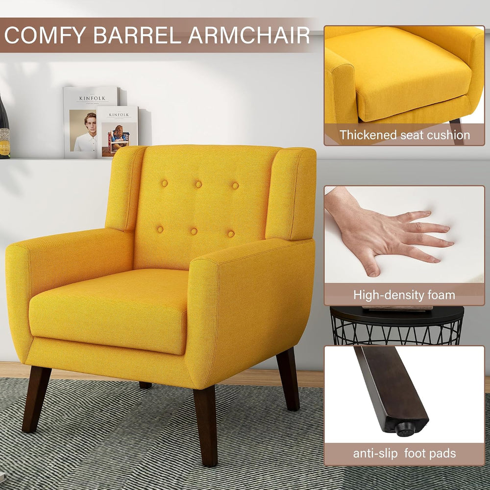 Mid Century Modern Button Tufted Yellow Set of 2 Accent Armchair for Living Room