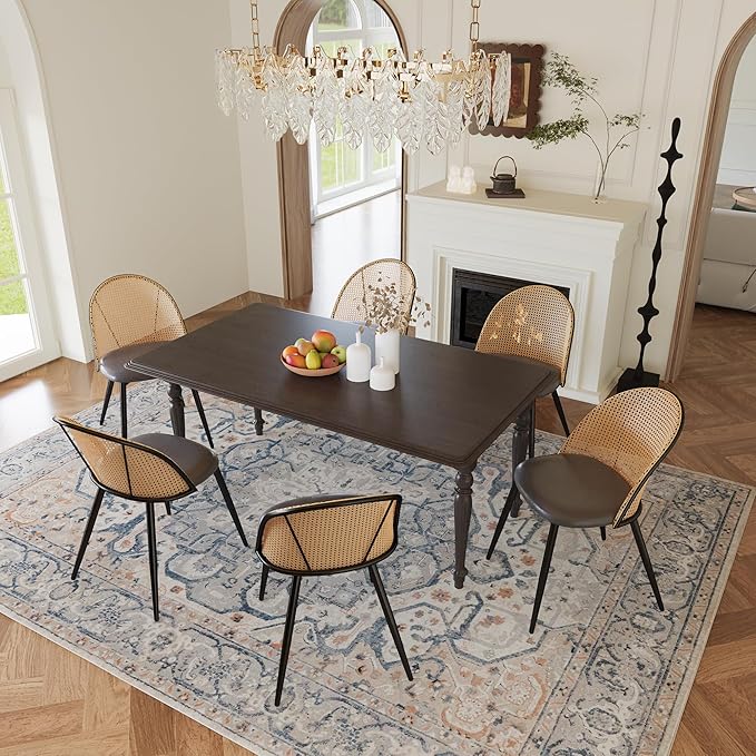 TYBOATLE Black Rattan Dinner Chairs Set of 4 with Faux Leather Cushion, Modern Dining Room Chairs w/Adjustable Foot Pads, Kitchen Boho Mid Century Upholstered