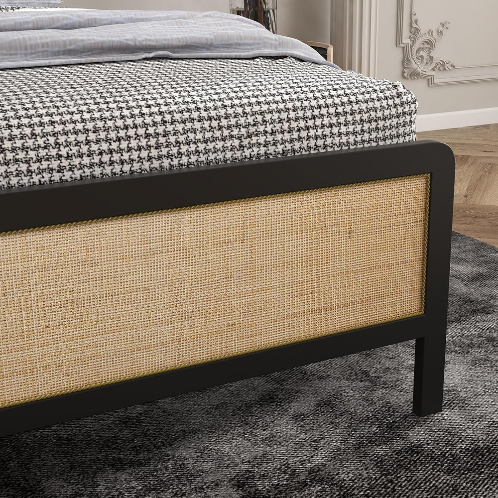 CABIHOME Rattan Queen Size Bed Frame with Natural Cane Headboard, Boho Platfo...