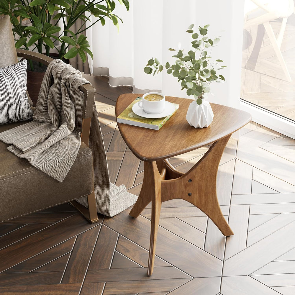 COZAYH Modern Triangle Wood End Table with Cross-Leg Rubberwood Base, Mid-Cen...