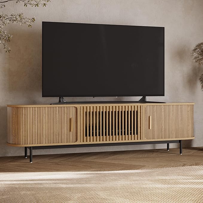 POVISON Fully-Assembled Mid Century Modern TV Stand for 75 inch TV, Sliding Door Entertainment Center with Storage, Wood TV Console, Media Console for Living Room Bedroom(Oak, 78.74")