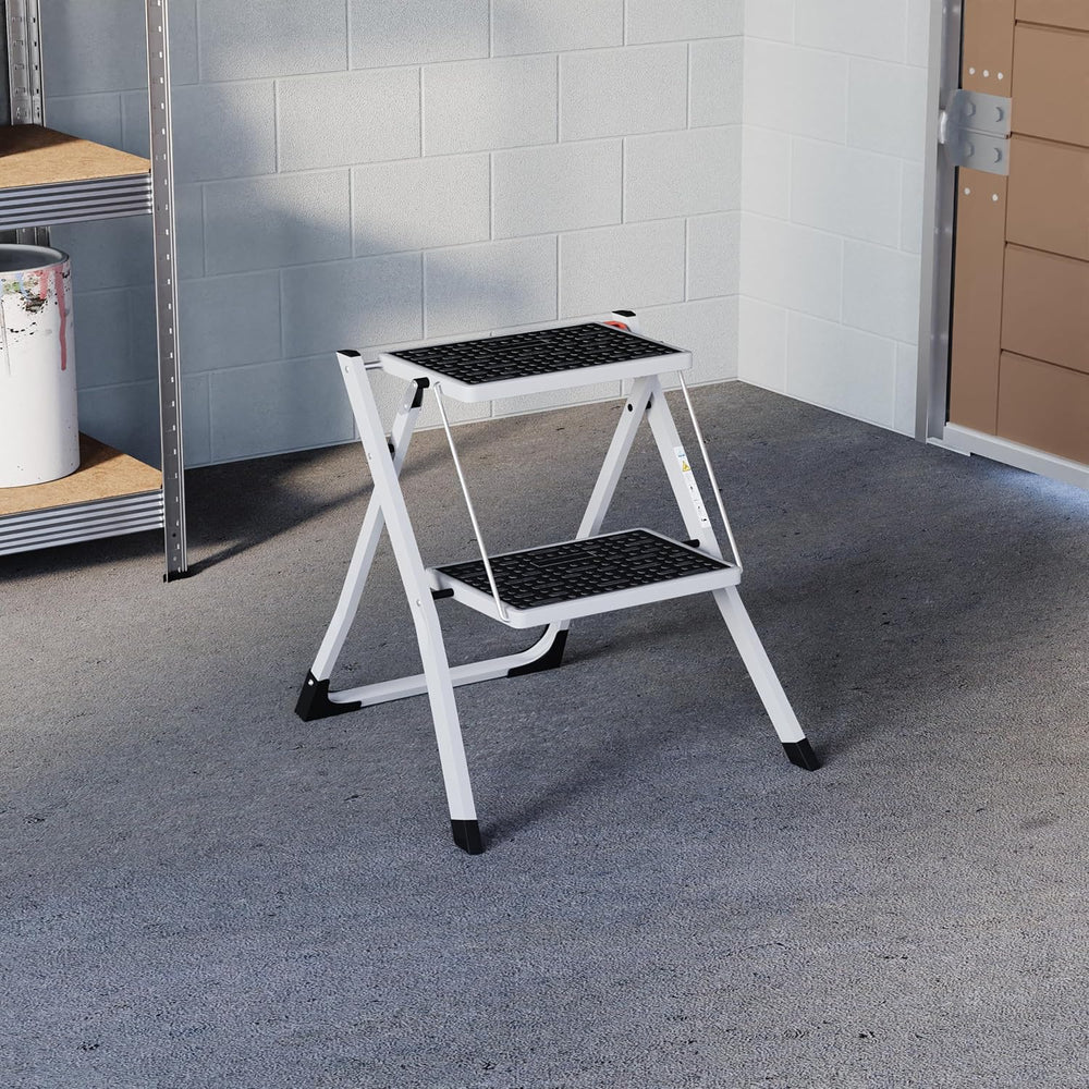 Home Vida 2 Step Ladder Compact, Heavy Duty Steel, Portable Folding, Anti-Sli...
