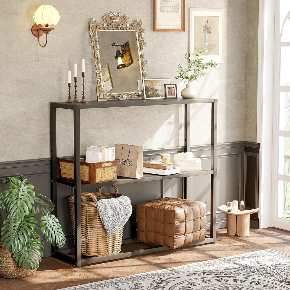 TIQLAB Small Entryway Table, 29.5" Narrow Console Table with Shelves, Bl...