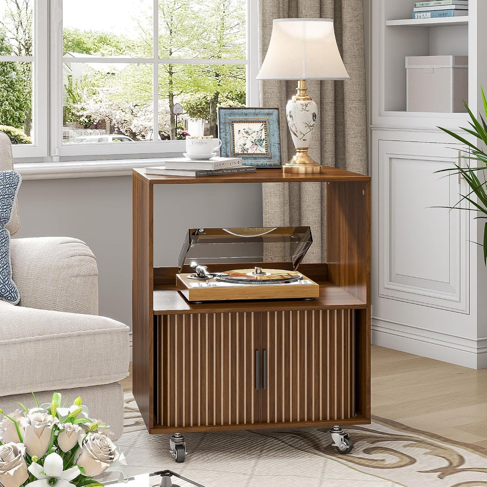 Side Table with Storage, Small End Tables with Sliding Door, Rolling Night St...