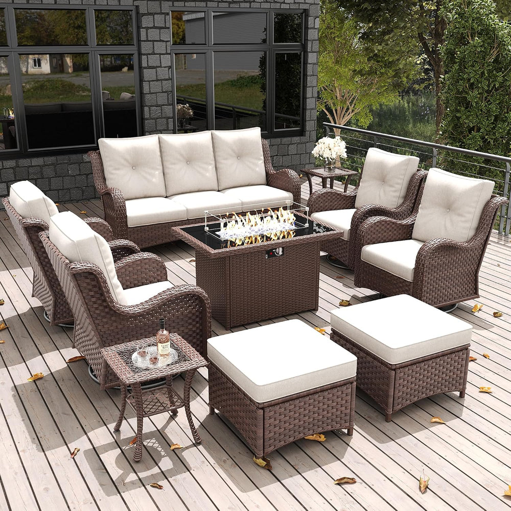 LayinSun 10 Pieces Outdoor Patio Furniture Set with Fire Pit Table, Rattan Wi...