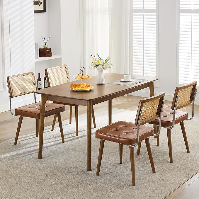 GarveeHome Natural Rattan Dining Chairs Set of 2, PU Upholstered Kitchen Chairs with Tall Cane Backrest and Strong Wood Legs for Dining Room, Kitchen, Restaurant, Brown