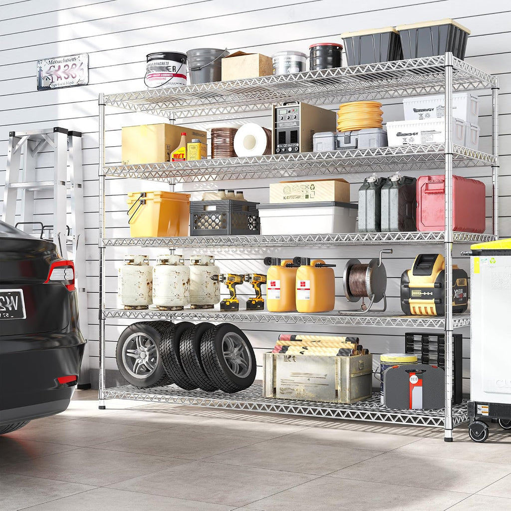 REIBII 55.5" W Storage Shelves 3200LBS Metal Shelving 5 Tier Wire Shelving Garage Shelving Heavy Duty Metal Shelves for Shelving Unit Commercial Adjustable Shelf, 55.5" W X 18''D X 71" H，Chrome
