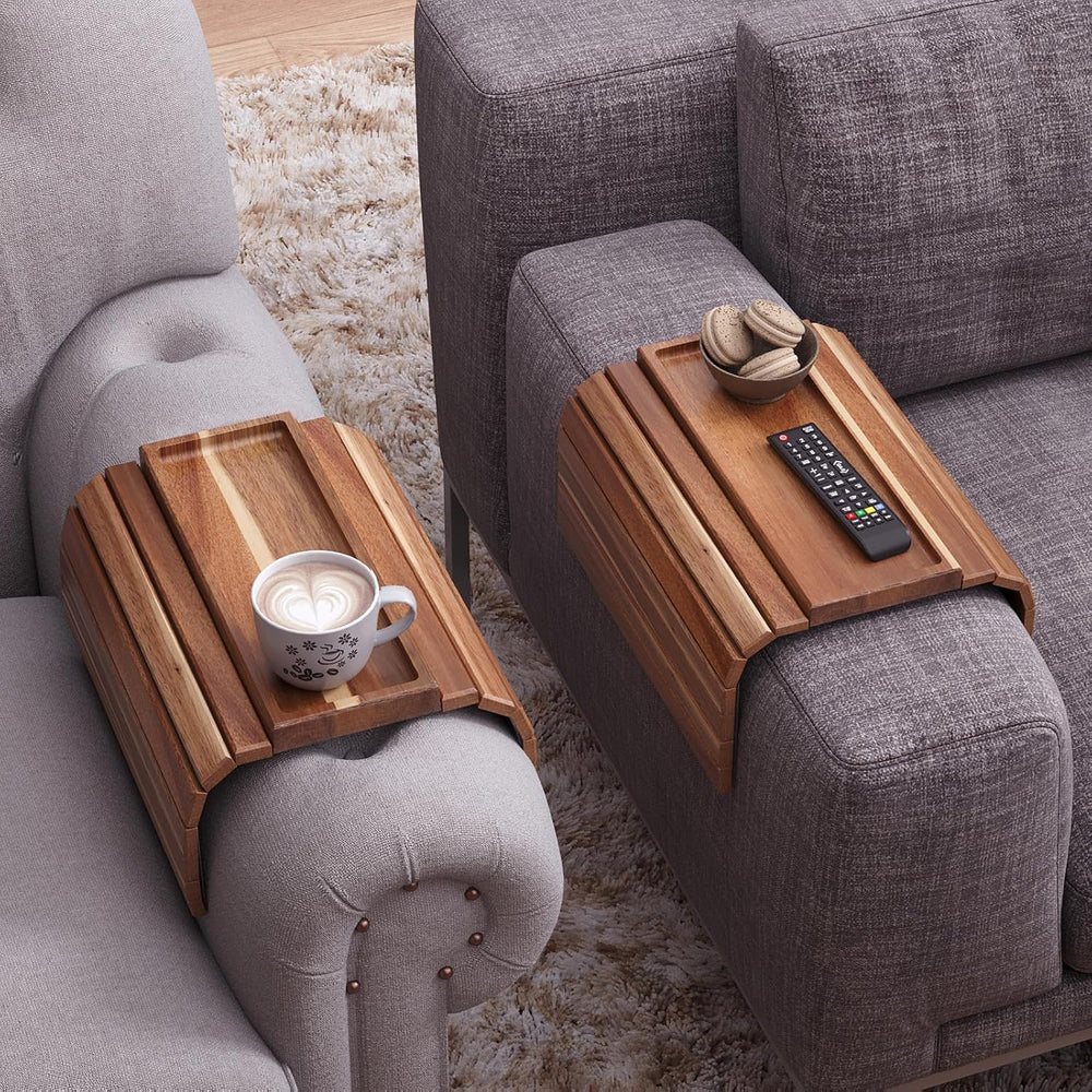 Sofa Arm Tray,Acacia Wood Folding Couch Arm Tray,Sofa Armrest Trays with Anti...