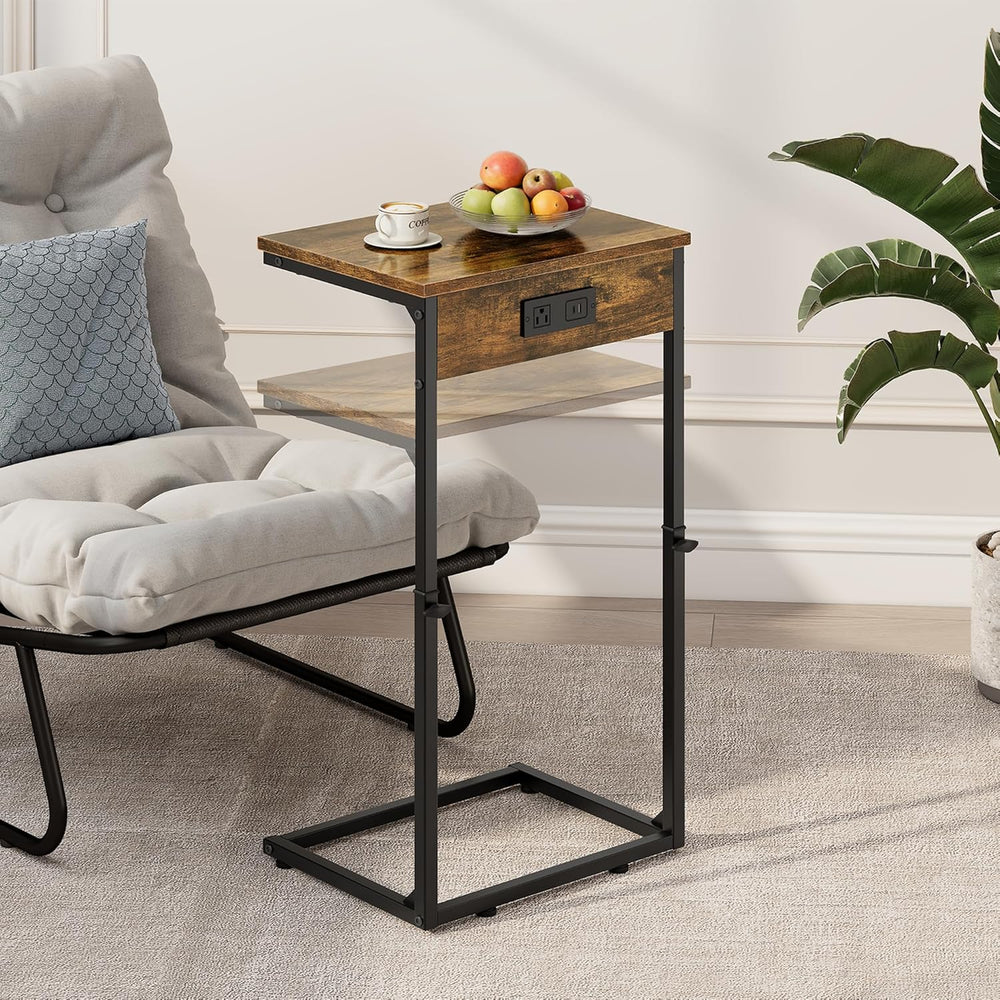 Vagusicc C Shaped End Table with Charging Station, Adjustable Height Side Tab...
