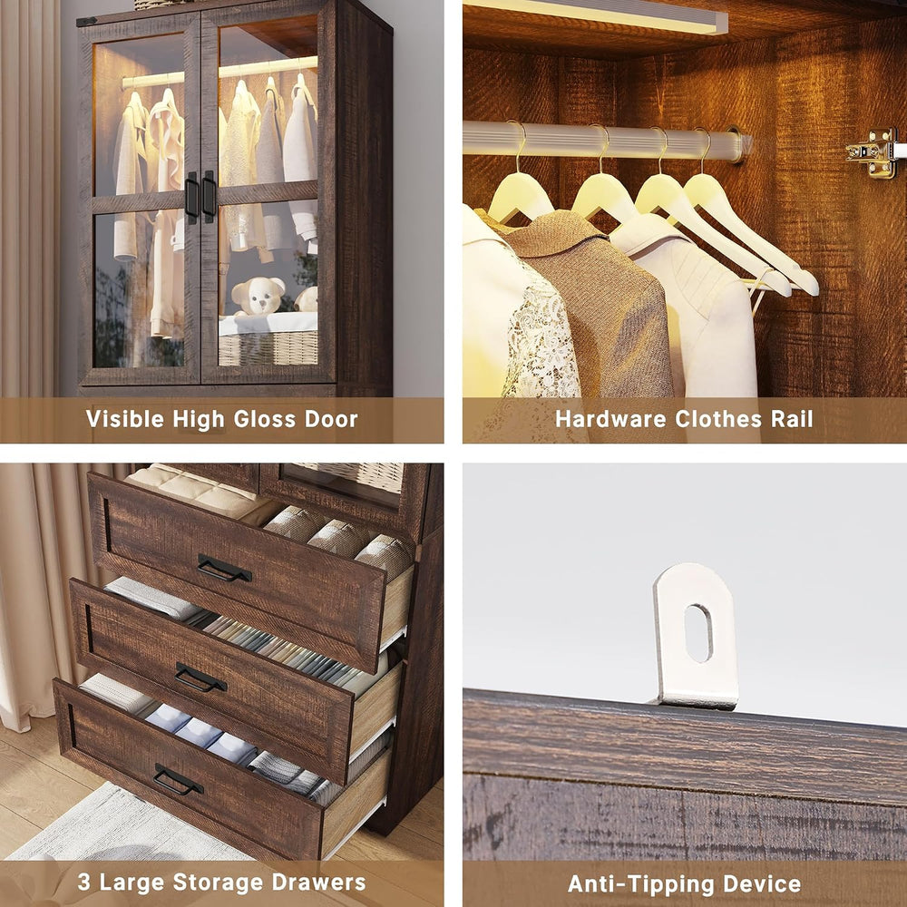 75" Tall Farmhouse 2 Doors Armoire Wardrobe Closet with 3 Drawers and LE...