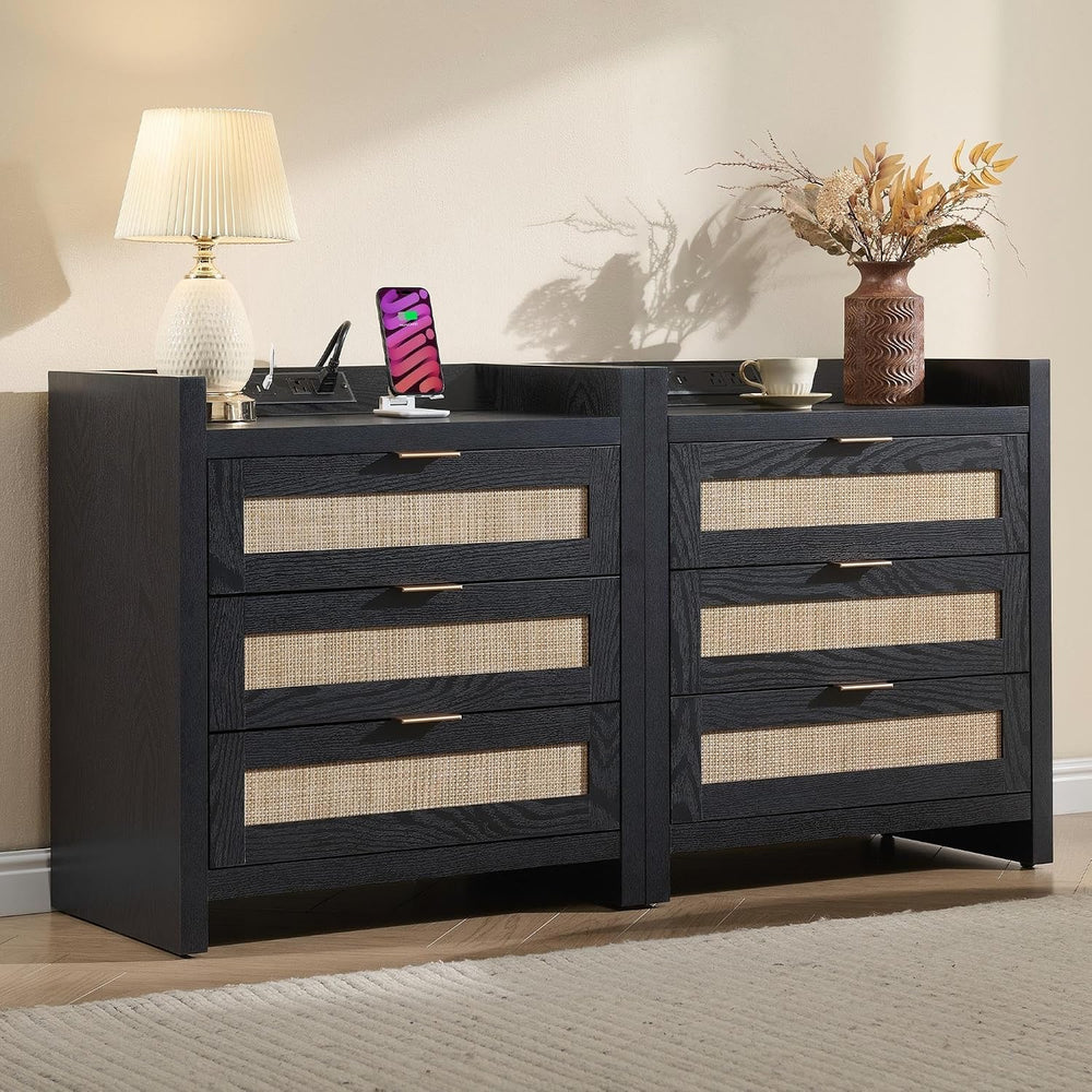 SICOTAS Nightstands Set of 2 : Rattan Tall Bedside Table with 3 Drawers | Far...
