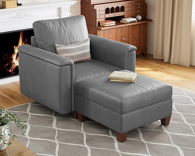 SITJOY Faux Leather Modular Sectional Sofa with Storage, Mid Century Modern Sectional Couches for Living Room, Soft Padded Armrests, Chaise Lounge with Ottoman, Gray
