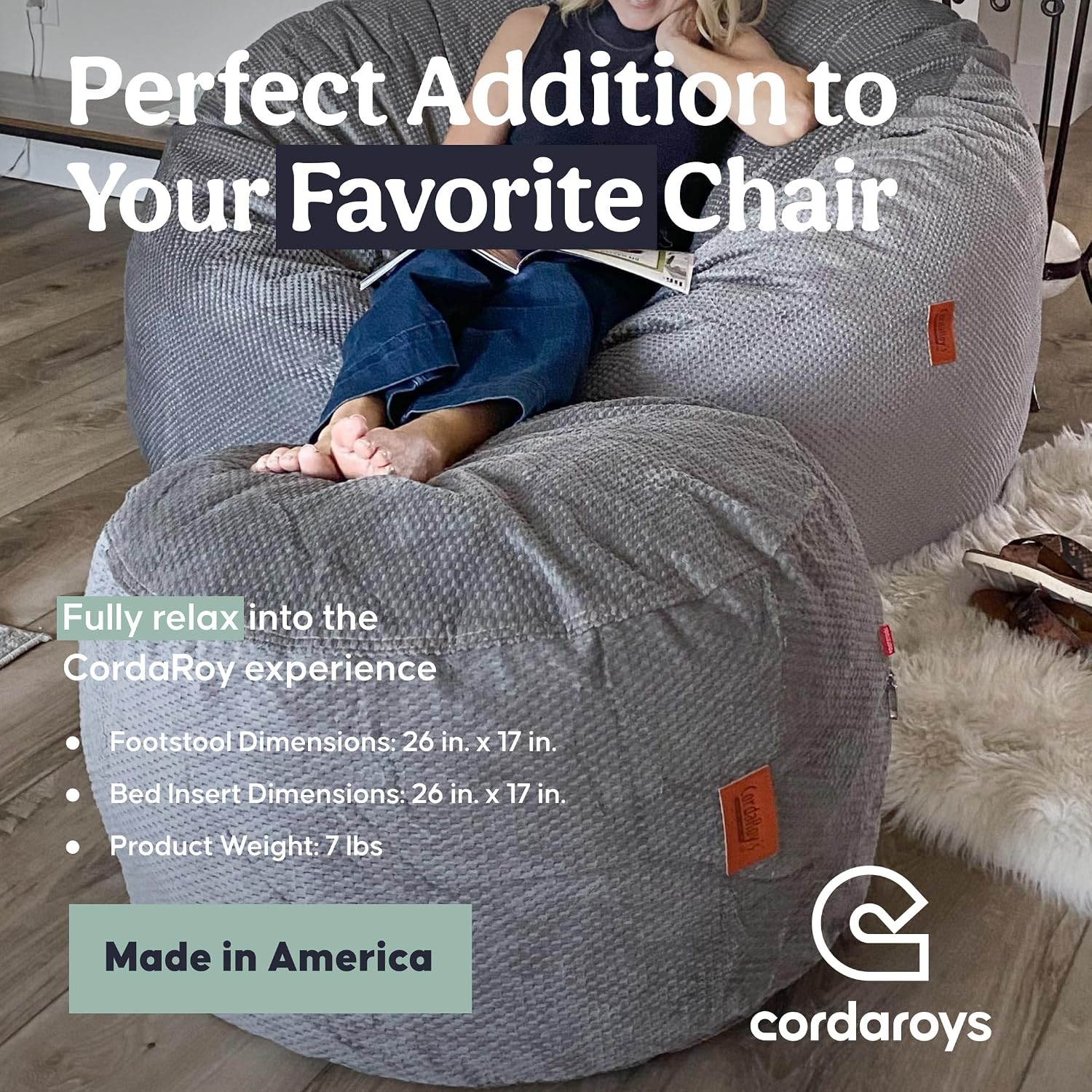 CordaRoy's Chenille Bean Bag Pouf Footstool, Charcoal