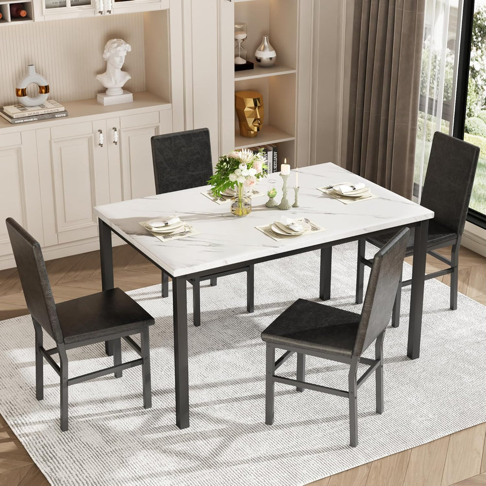 Dining Table Set for 4, 5-Piece Faux Marble Dining Set,4 Upholstered PU Chair...
