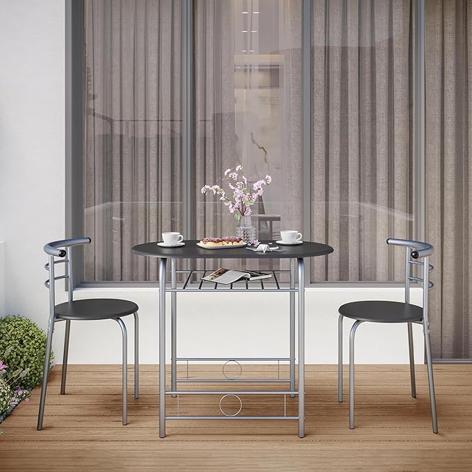 Yaheetech 3-Piece Dining Room Table Set, Kitchen Table & Chair Sets for 2, Compact Table Set w/Steel Legs, Built-in Wine Rack for Breakfast Nook, Small Space, Apartment, Black, 31.5x21x29" (LxWxH)