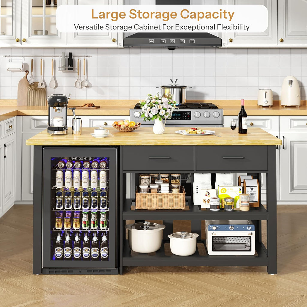 DynJest 60" Solid Rubberwood Kitchen Island with Storage & Leg Room, Black | Coffee Bar Buffet Cabinet w/ Fridge Space & Power Outlets, 2 Drawers & 6 Hooks, Large Countertop, for Home Office Dining Room