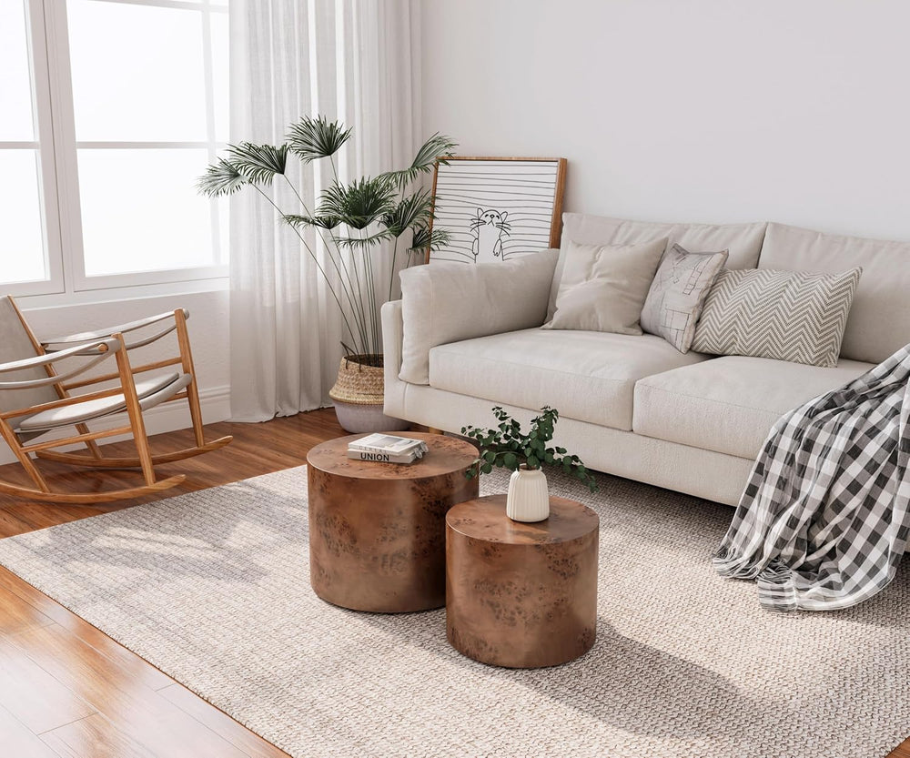 Nesting Coffee Table Set of 2, Round Burl Wood Living Room Decor | Set of 2, ...