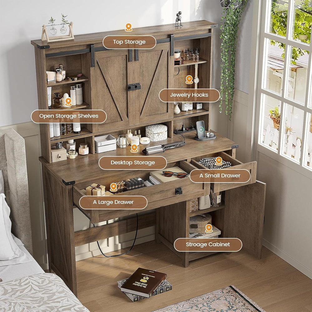 AOGLLATI Makeup Vanity with Lights & Barn Doors, Vanity Desk with Mirror ...