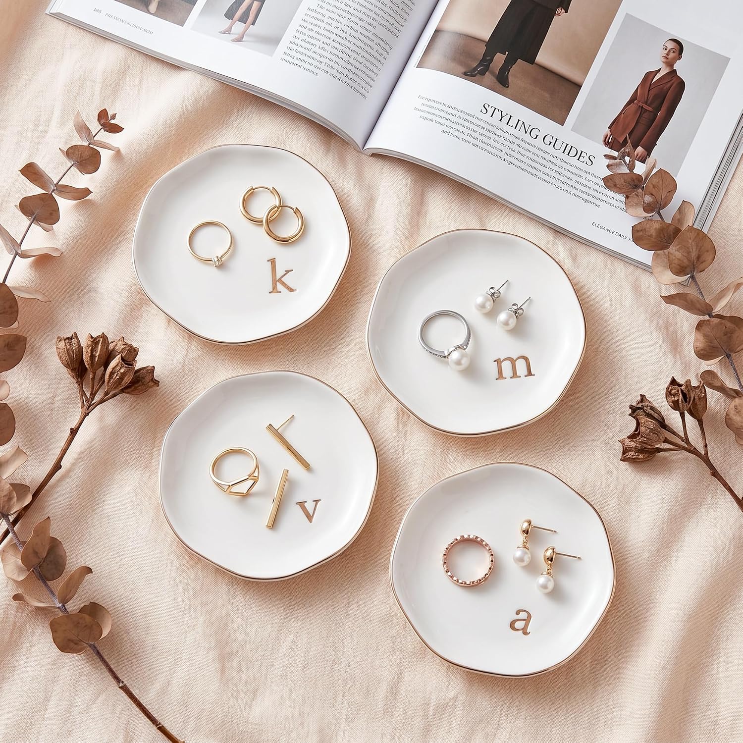 Ceramic Jewelry Tray, Personalized Initial Jewelry Dish for Rings Earrings Necklaces Bracelets, White Letter M Initial Ring Dish for Vanity, Birthday Mother's Day Christmas Gift for Women, 4.5 Inch