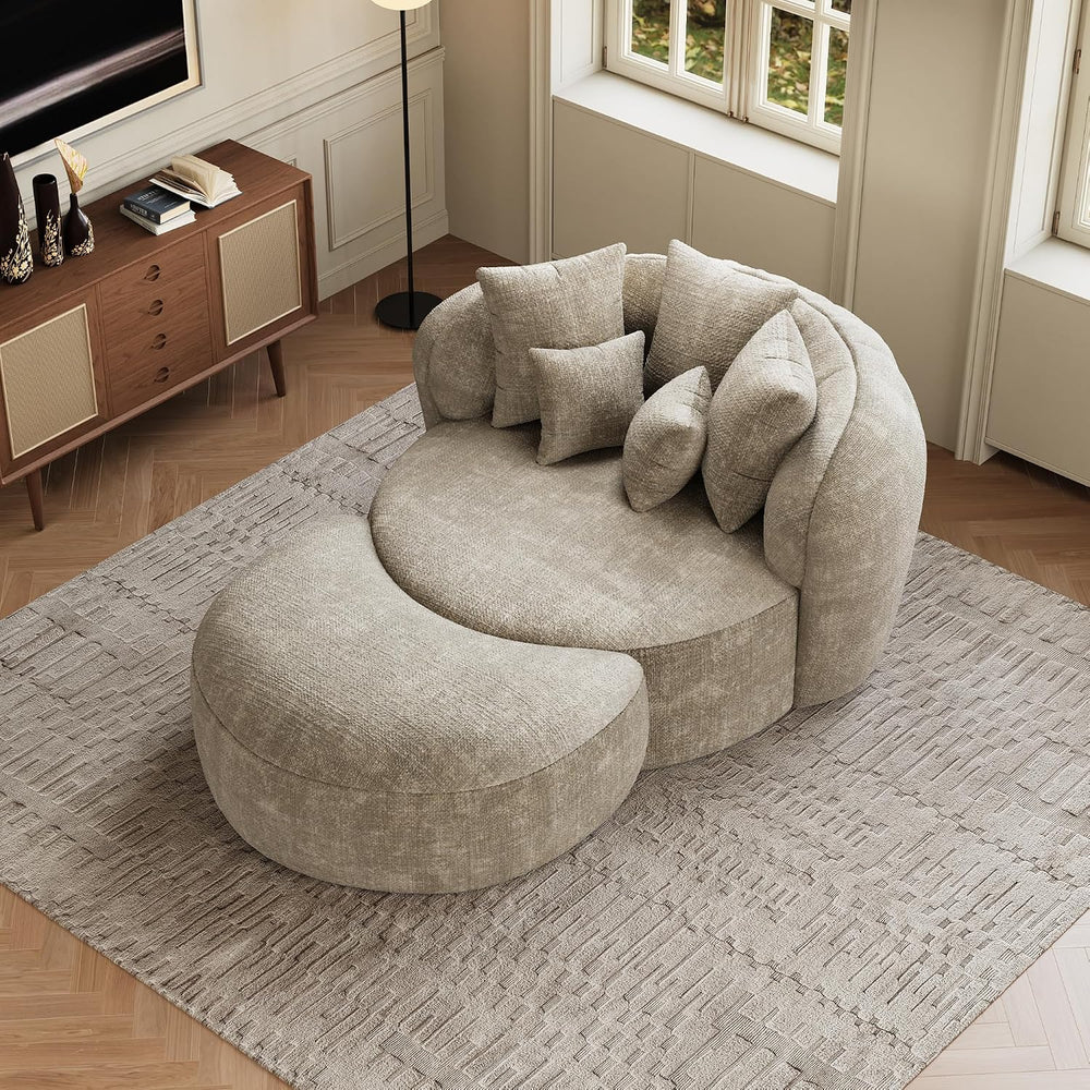 53.5" Oversized Round Chaise Lounge with Ottoman, Chenille, Light Brown ...