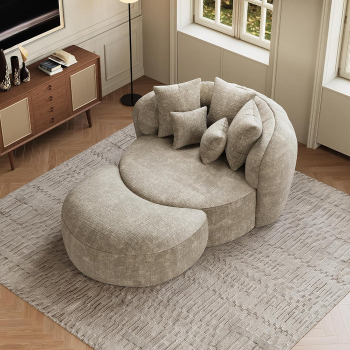 53.5" Oversized Round Chaise Lounge with Ottoman, Chenille, Light Brown | Deep Seating Chair, Soft Chenille, a Matching Ottoman Offer Cloud-like Comfort for Reading, Lounging and Relaxing
