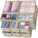 Reli. Drawer Organizers Clothes 14 Pack | Foldable Dresser Drawer Organizer | Beige Dresser Drawer Organizers | Fabric Drawer Dividers, Foldable Closet Storage Bins, Socks, Underwear, Ties, Bras, Nursery