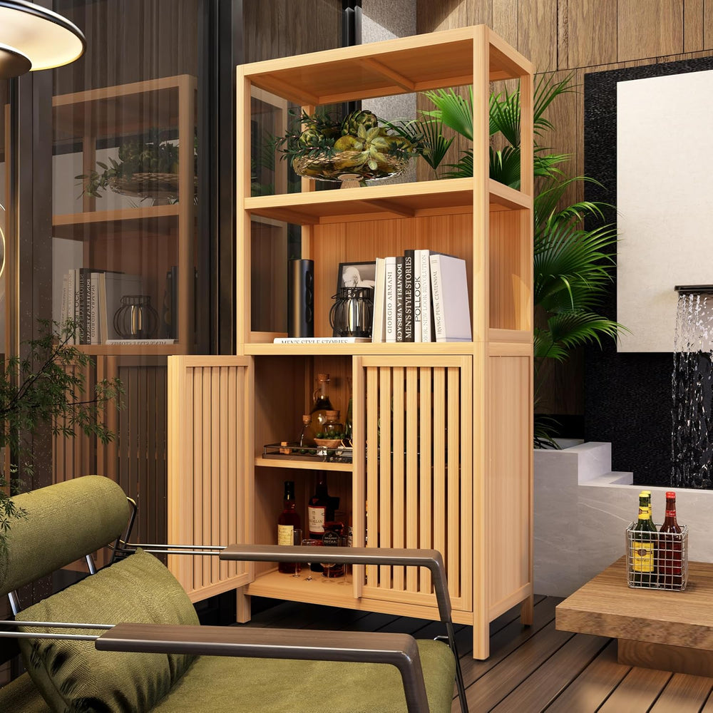 Tall Pantry Storage Cabinet, Bookcase Display Cabinet with Rattan Doors and S...