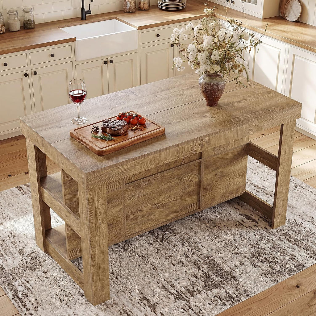 Tribesigns 55.1" Kitchen Island with 6 Storage Cubbies, Farmhouse 3-Tier Stationary Island Table, Large Dual-Sided Coffee Bar Table with Storage Shelves for Kitchen Dining Room