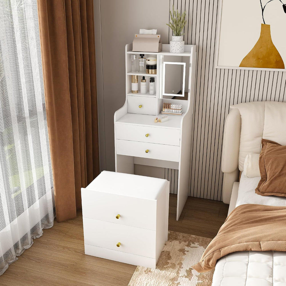 Runboll Compact Dressing Table with Storage Stool & Adjustable Lighted Mi...