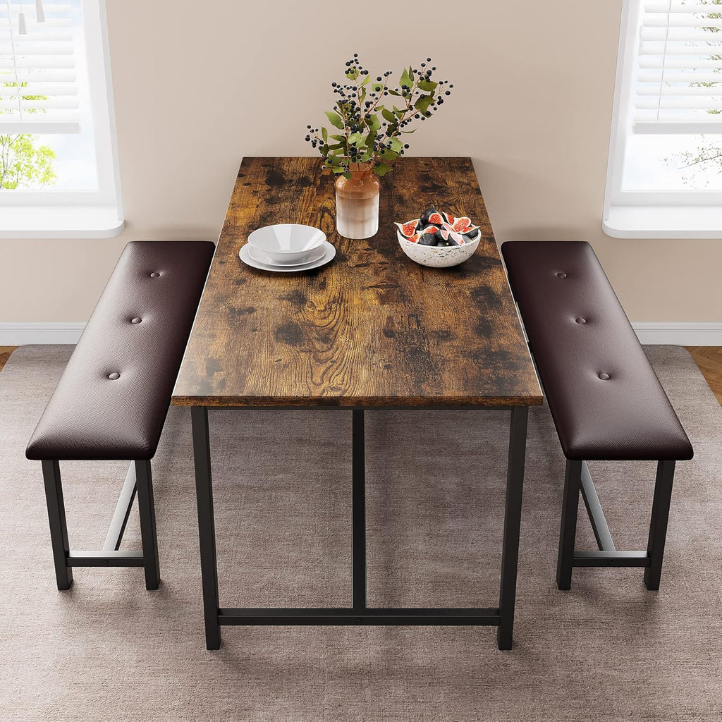 IDEALHOUSE Dining Table Set for 4, Kitchen Table with Upholstered Bench, Rectangular Dining Room Table Set with 2 Benches, 3 Piece Kitchen Table Set for Small Space, Apartment, Studio, Rustic Brown