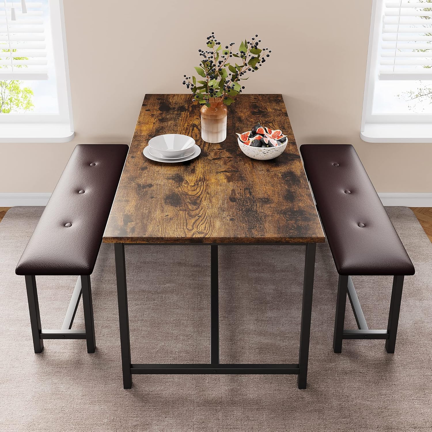 IDEALHOUSE Dining Table Set for 4, Kitchen Table with Upholstered Bench, Rectangular Dining Room Table Set with 2 Benches, 3 Piece Kitchen Table Set for Small Space, Apartment, Studio, Rustic Brown